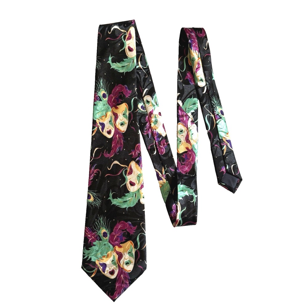 Mardi Gras Men Necktie Neck Tie 58" Theater Happy Sad Drama Mask Peacock Feather